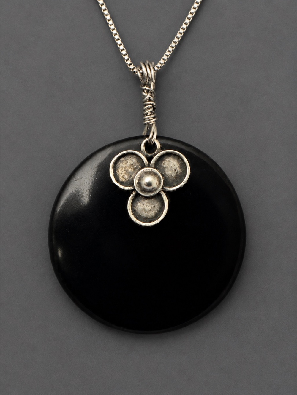 Black Bakelite and Sterling pendant with sterling chain